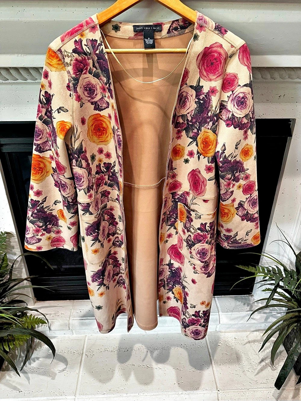Joan Vass Floral Open Front Duster Jacket in Pink & Tan Size Medium